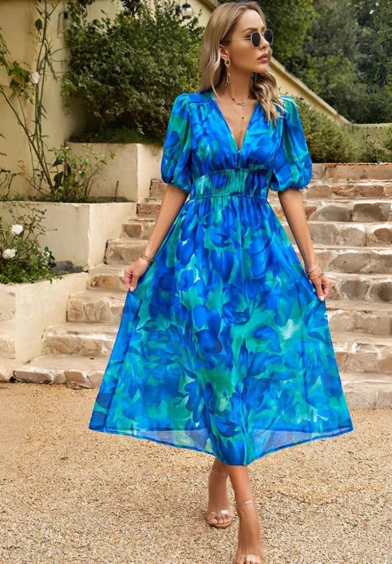Women's Floral Print Wedding Guest Midi Dress with Puff Sleeves | Kayla Anderson_5