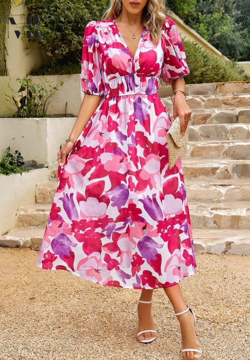 Women's Floral Print Wedding Guest Midi Dress with Puff Sleeves | Kayla Anderson_8