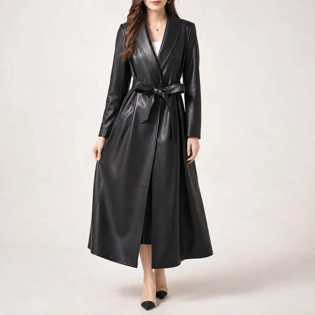 Women's Faux Leather Belted Trench Coat | Aurora_3