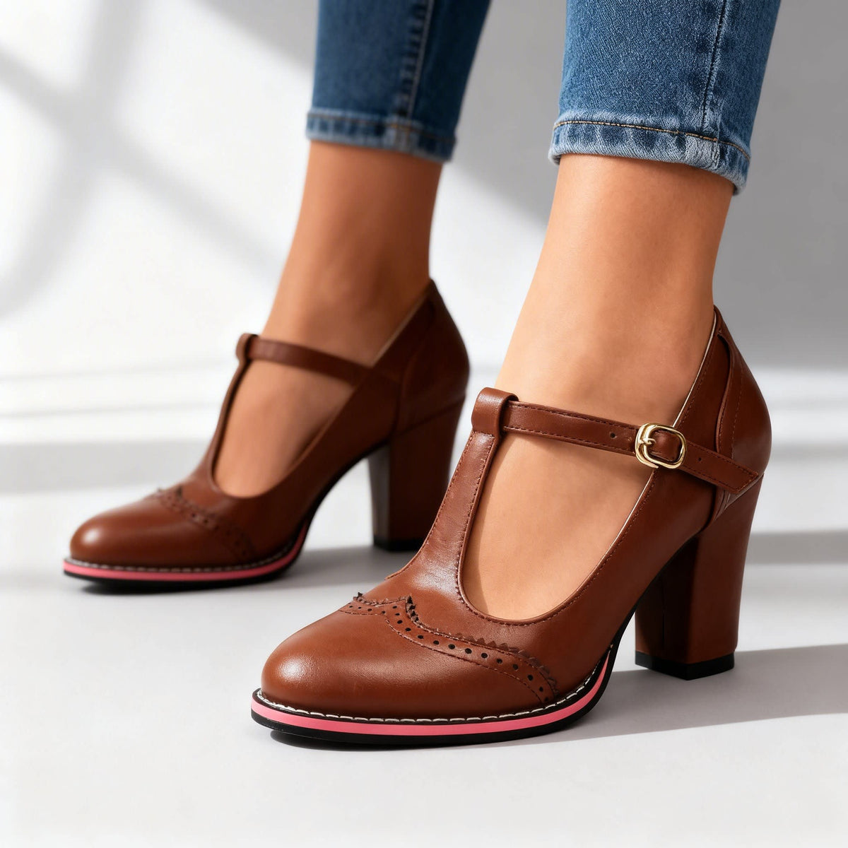 Women's Brogue T-Bar Block Heels | Charis_8
