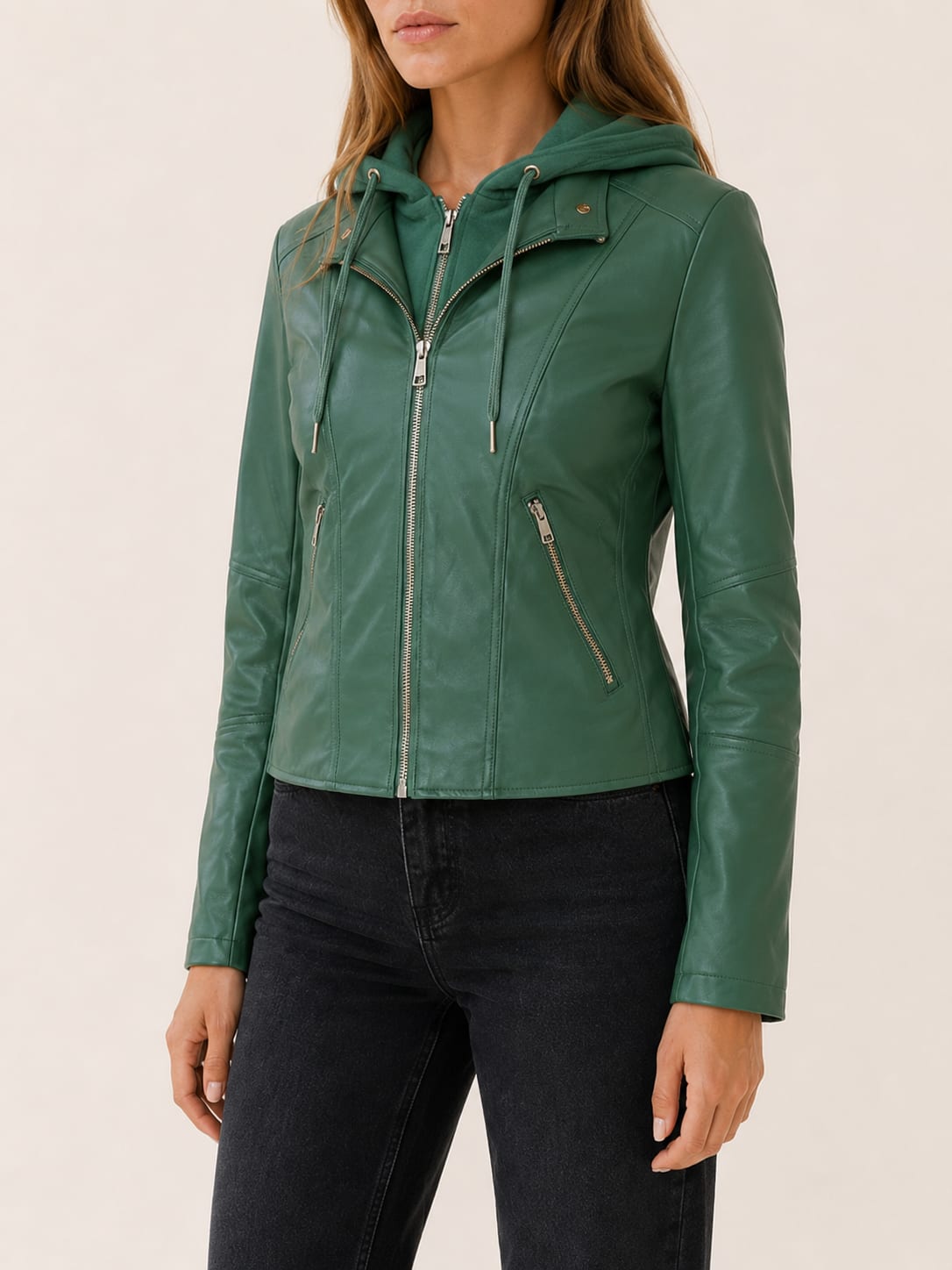 Women's Hooded Moto Biker Jacket with Zip Front | Emma Rose_4
