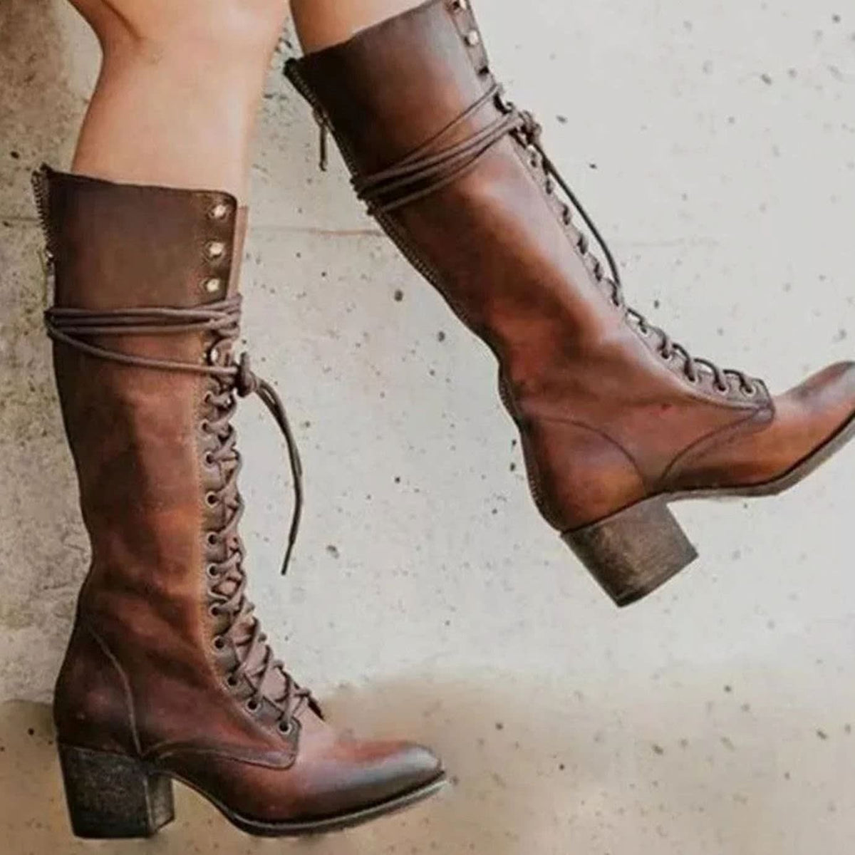 Women's Lace-Up Faux Leather Knee High Boots | Rebecca_3