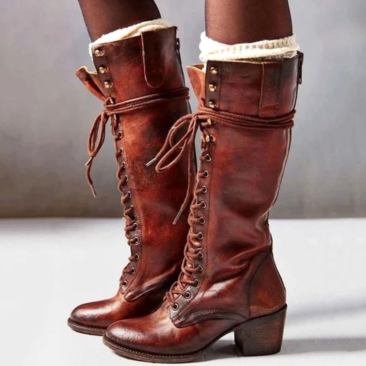 Women's Lace-Up Faux Leather Knee High Boots | Rebecca_4