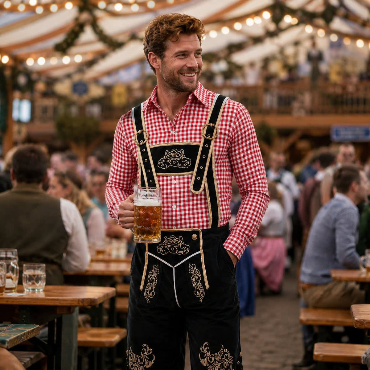 Men's 3 Piece Lederhosen Set with Checked Shirt and Hat | Ailean_10