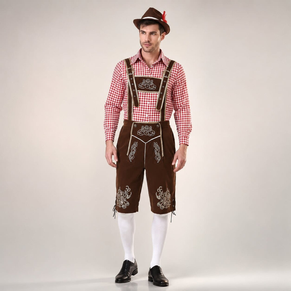 Men's 3 Piece Lederhosen Set with Checked Shirt and Hat | Ailean_11