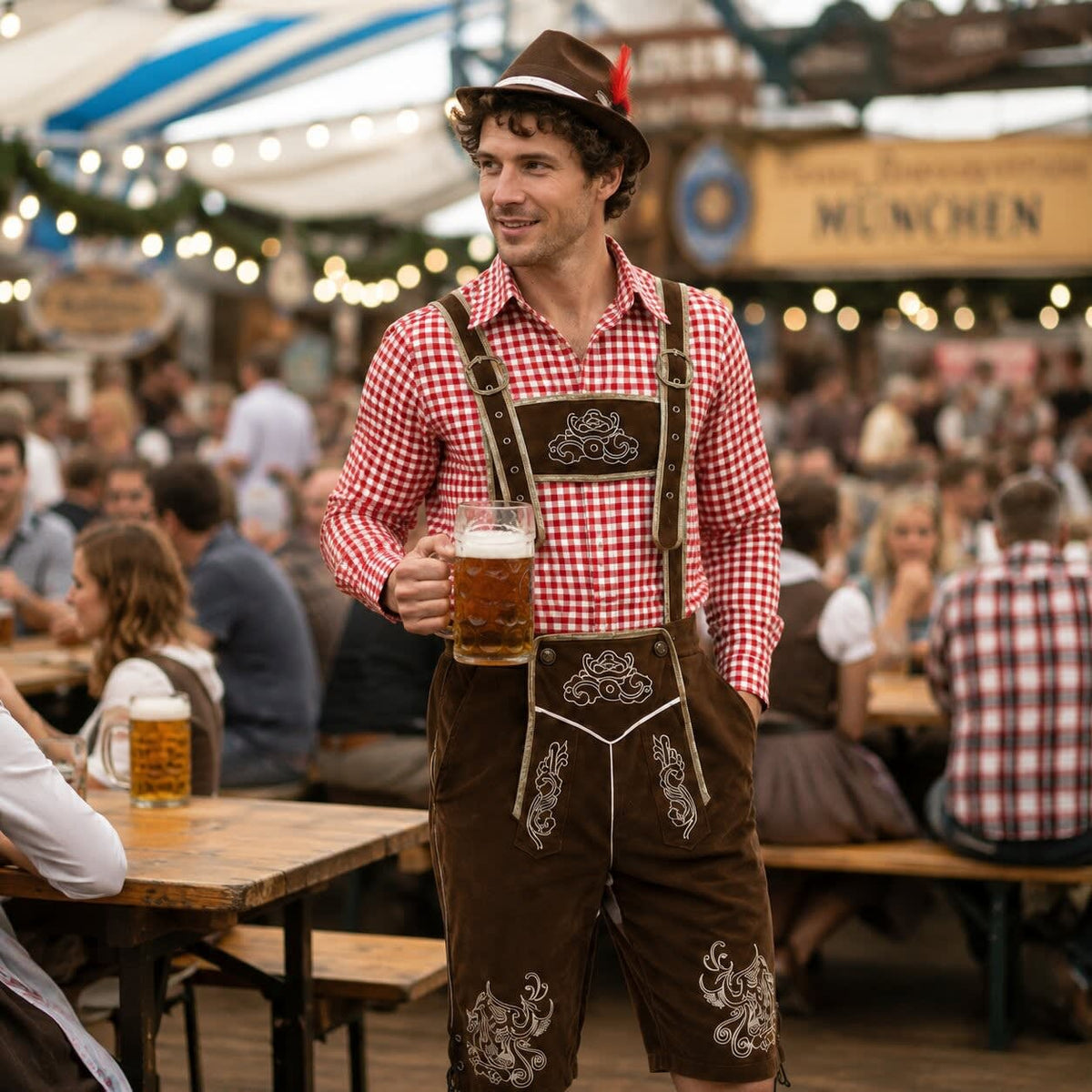 Men's 3 Piece Lederhosen Set with Checked Shirt and Hat | Ailean_12