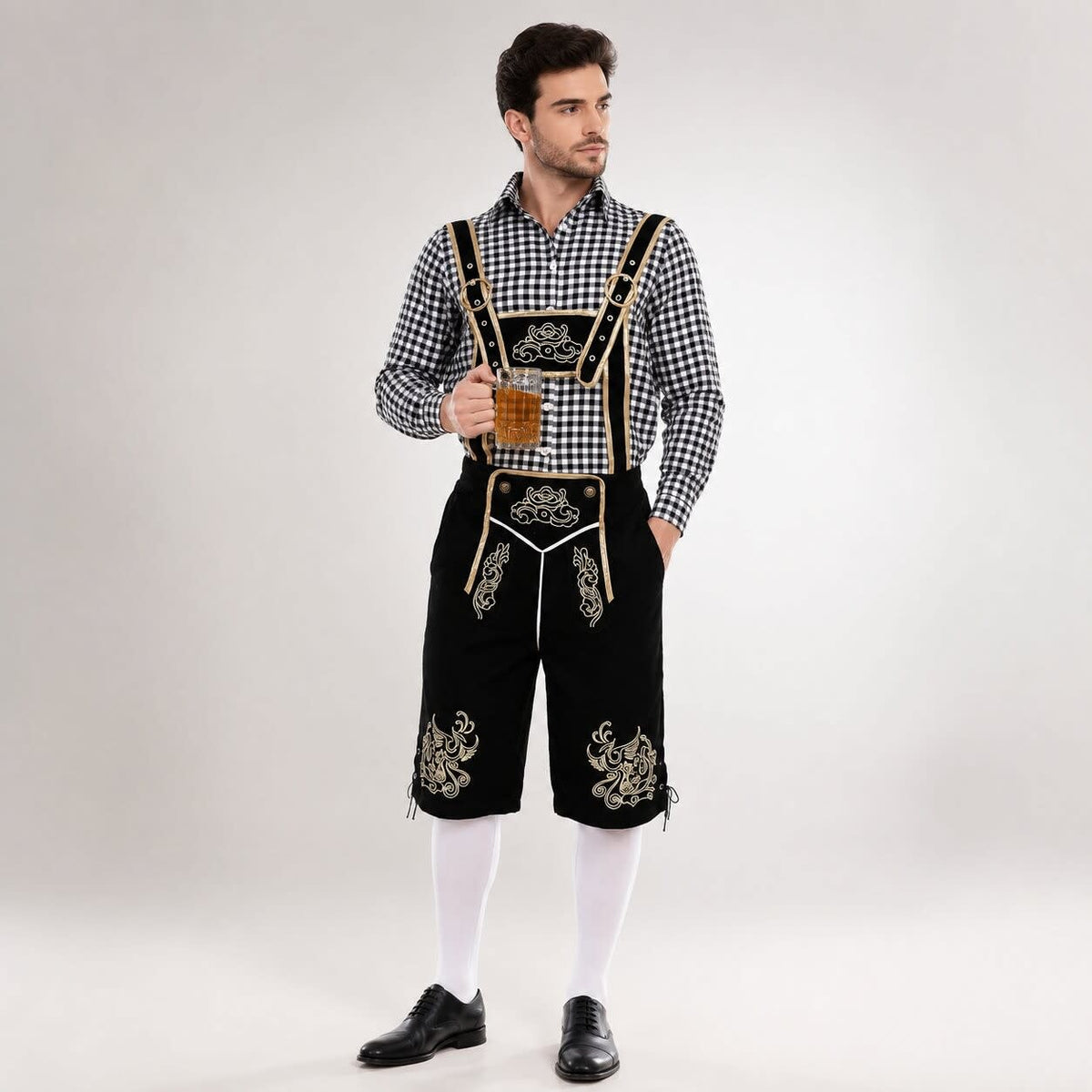 Men's 3 Piece Lederhosen Set with Checked Shirt and Hat | Ailean_13