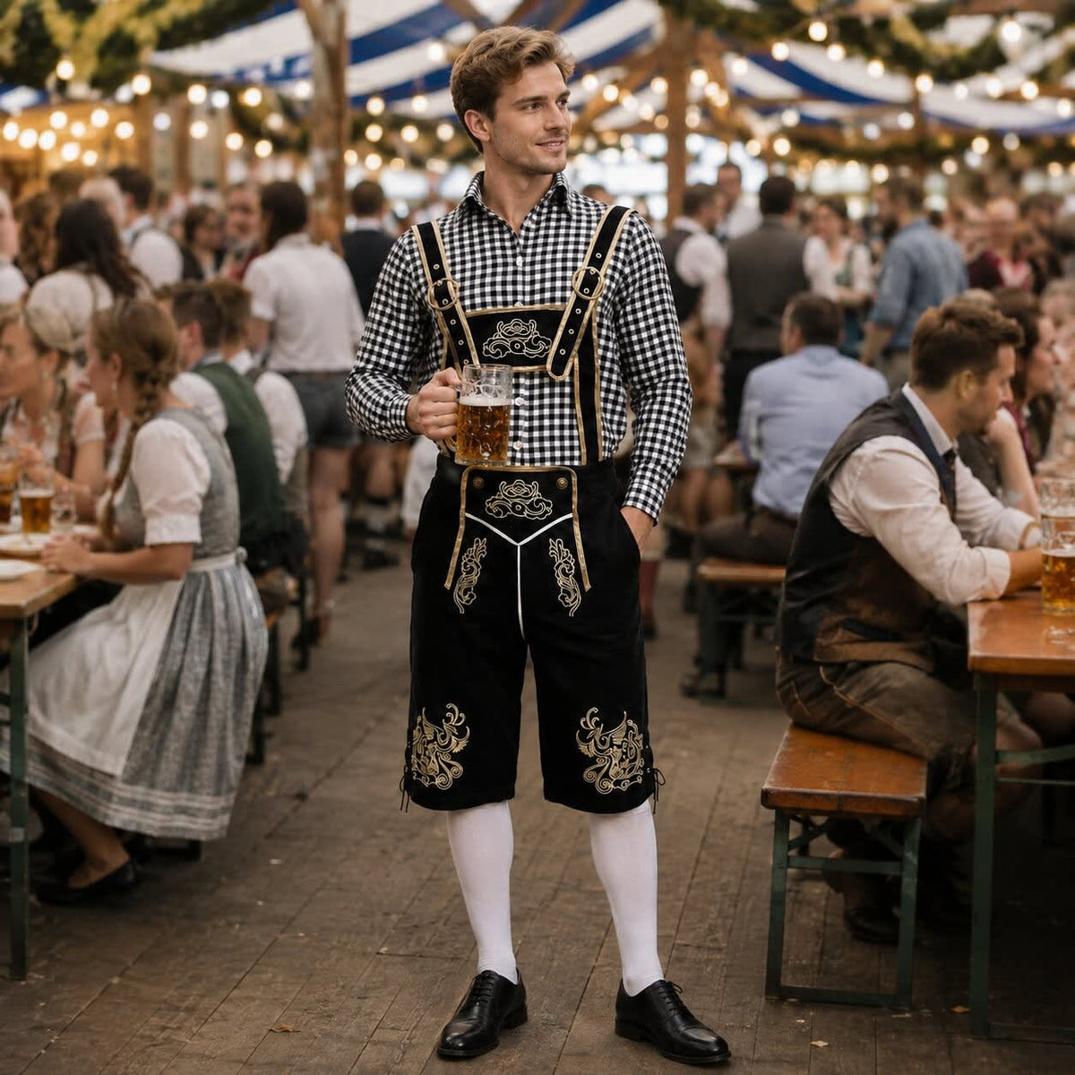 Men's 3 Piece Lederhosen Set with Checked Shirt and Hat | Ailean_14