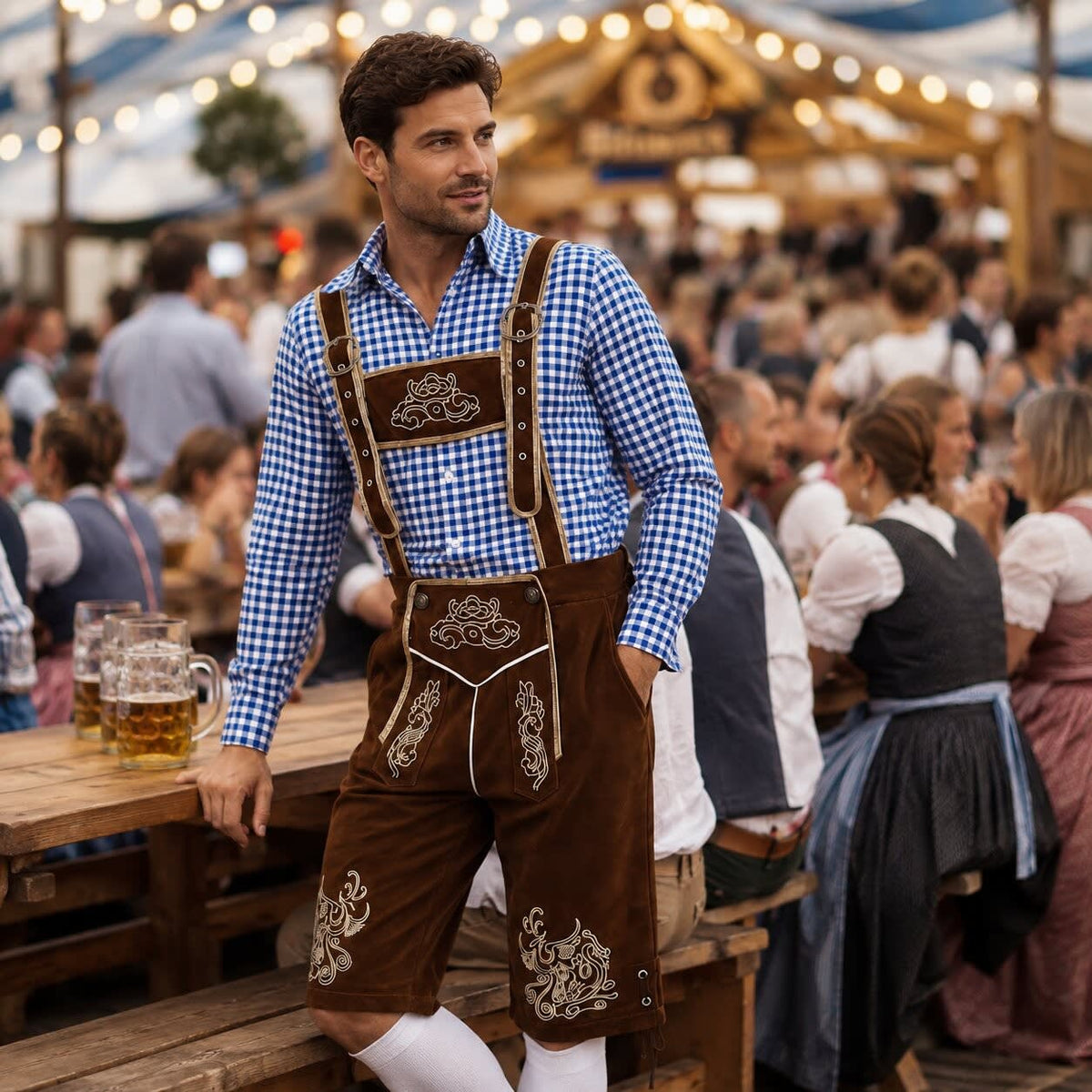 Men's 3 Piece Lederhosen Set with Checked Shirt and Hat | Ailean_16