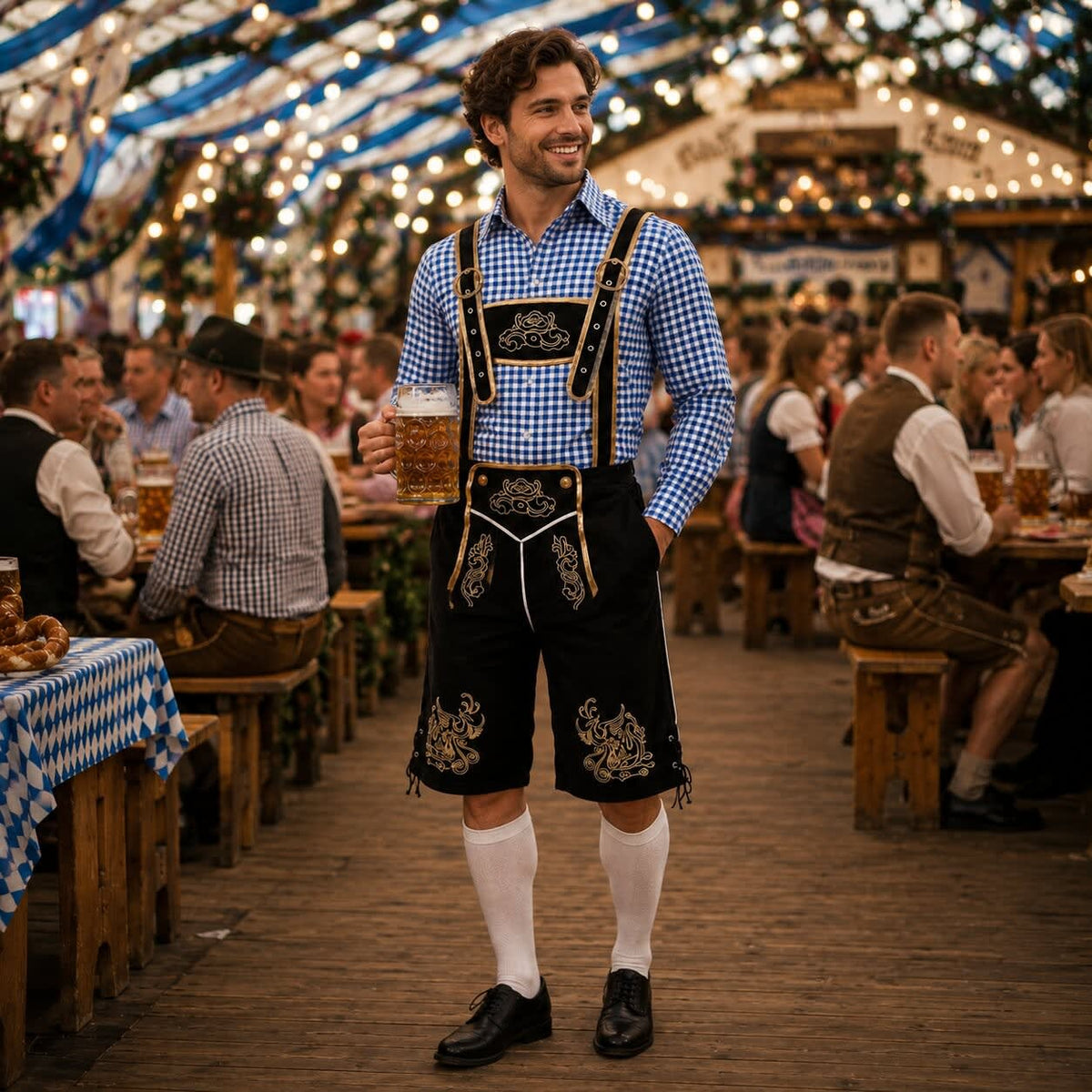 Men's 3 Piece Lederhosen Set with Checked Shirt and Hat | Ailean_2