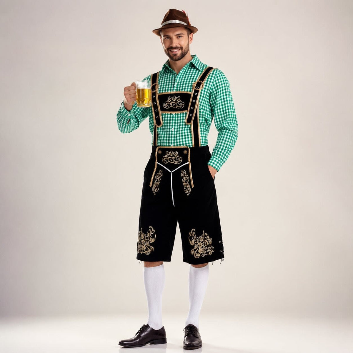 Men's 3 Piece Lederhosen Set with Checked Shirt and Hat | Ailean_3