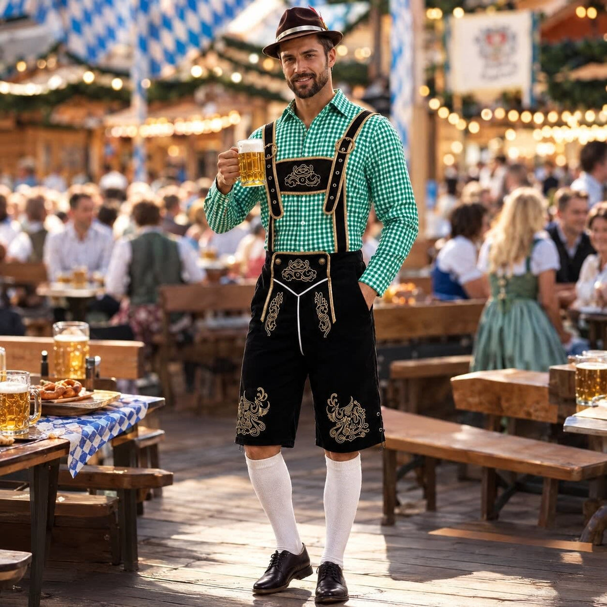 Men's 3 Piece Lederhosen Set with Checked Shirt and Hat | Ailean_4