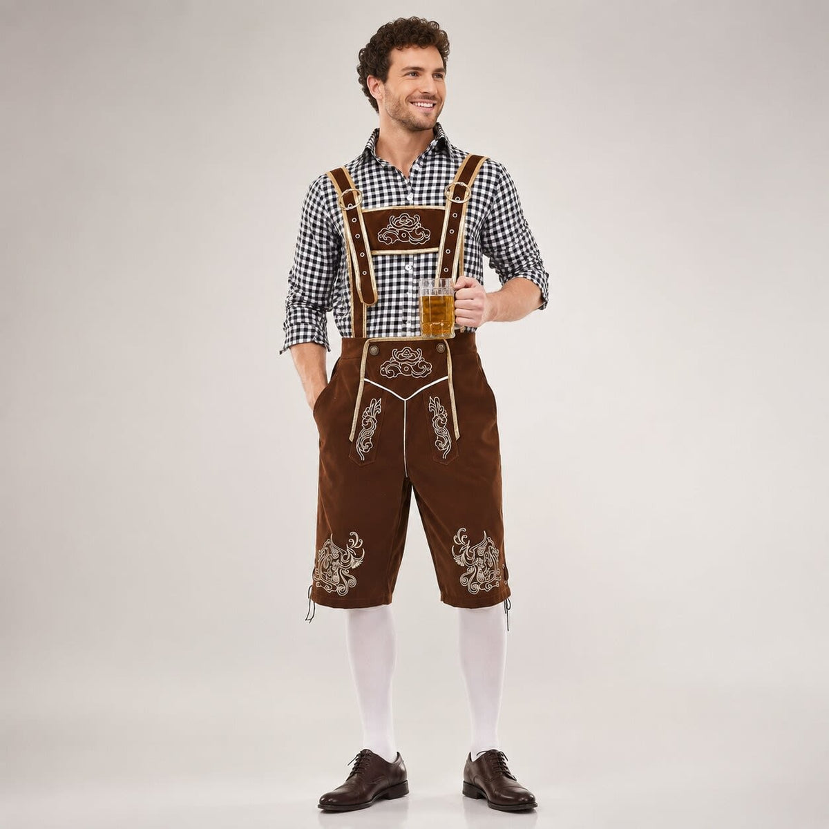 Men's 3 Piece Lederhosen Set with Checked Shirt and Hat | Ailean_5