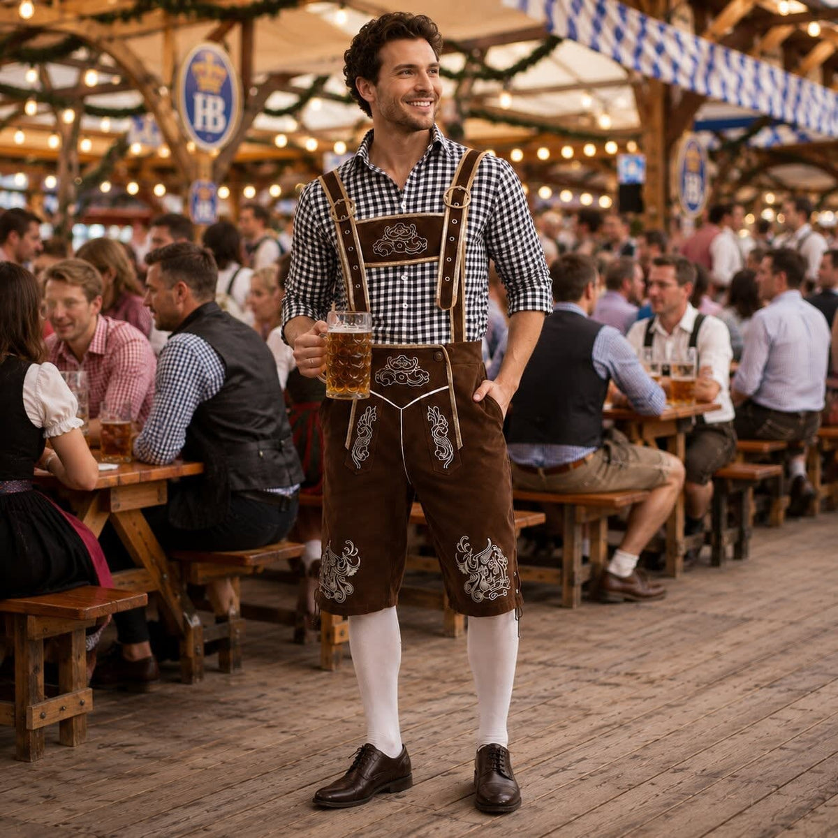 Men's 3 Piece Lederhosen Set with Checked Shirt and Hat | Ailean_6