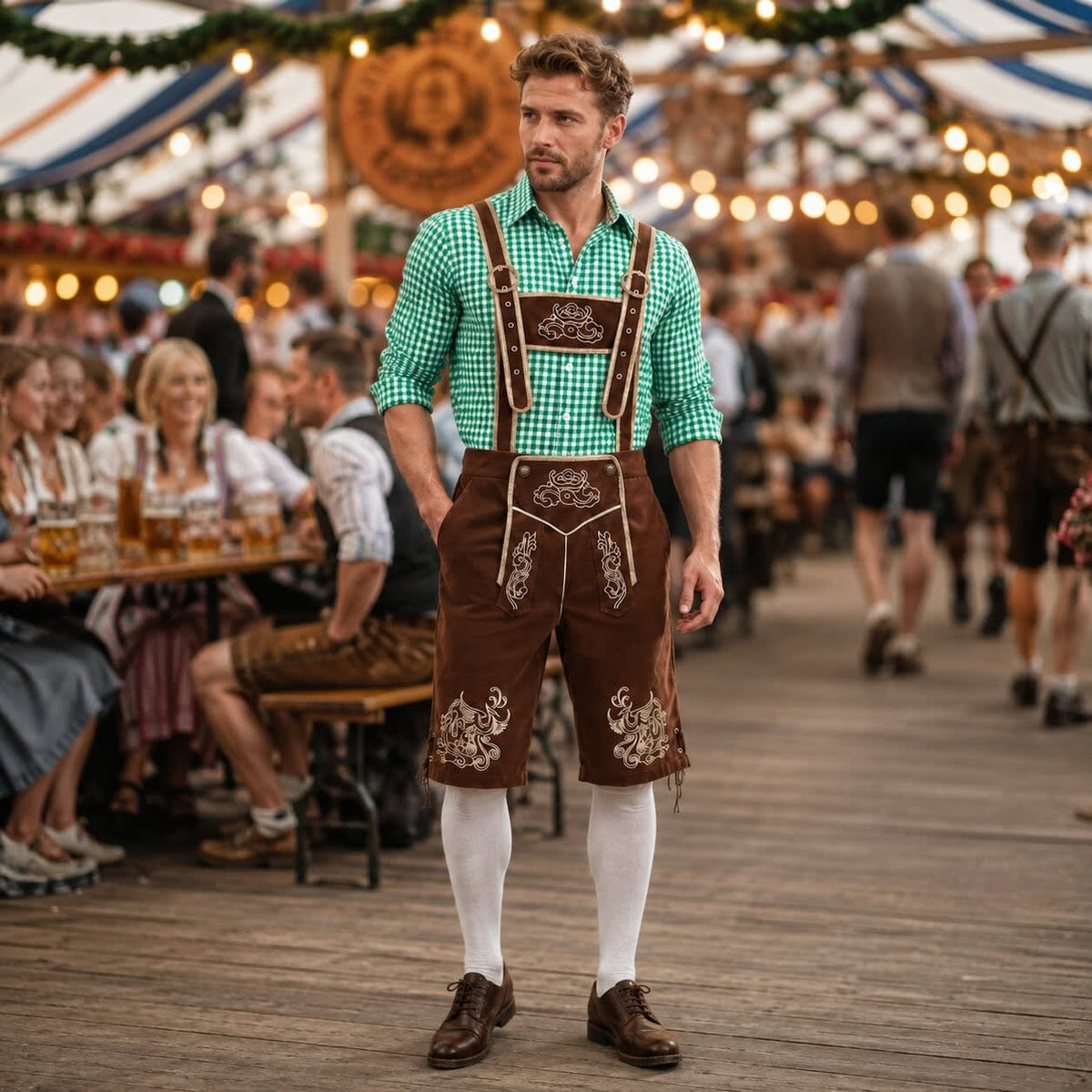 Men's 3 Piece Lederhosen Set with Checked Shirt and Hat | Ailean_8