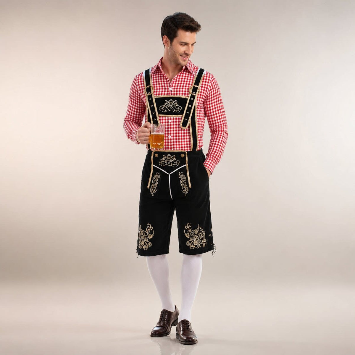 Men's 3 Piece Lederhosen Set with Checked Shirt and Hat | Ailean_9