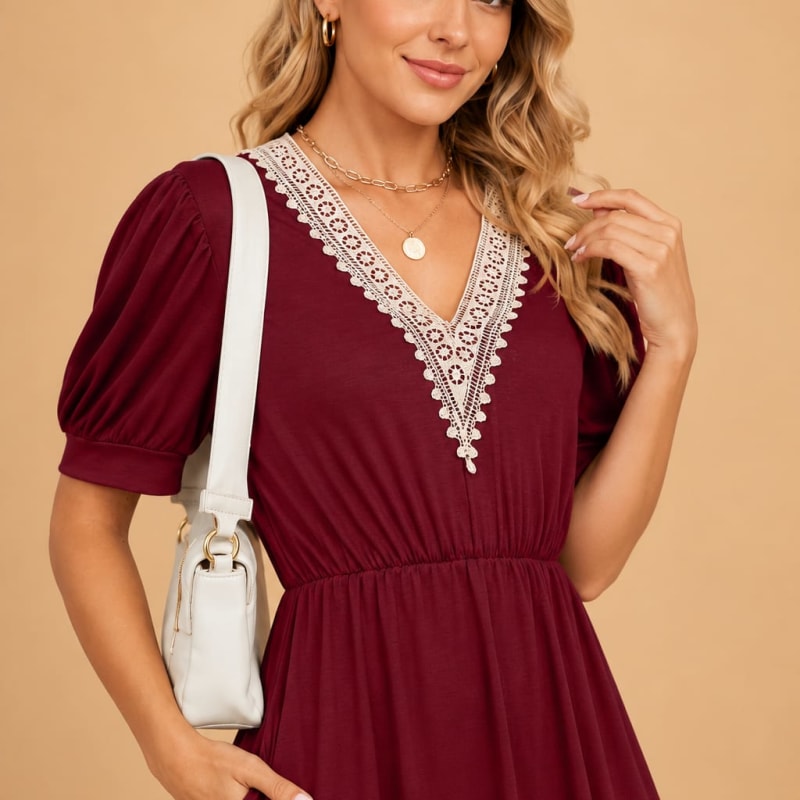 Women's V-Neck Lace Trim Pocket Dress | Amelia Rose_1