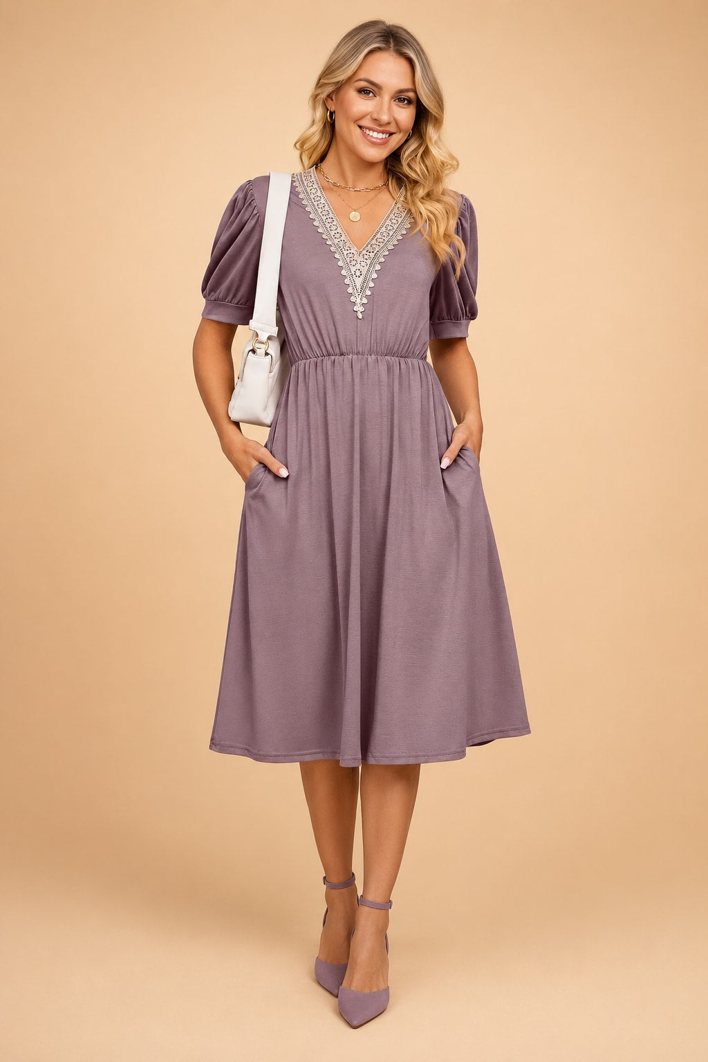 Women's V-Neck Lace Trim Pocket Dress | Amelia Rose_3