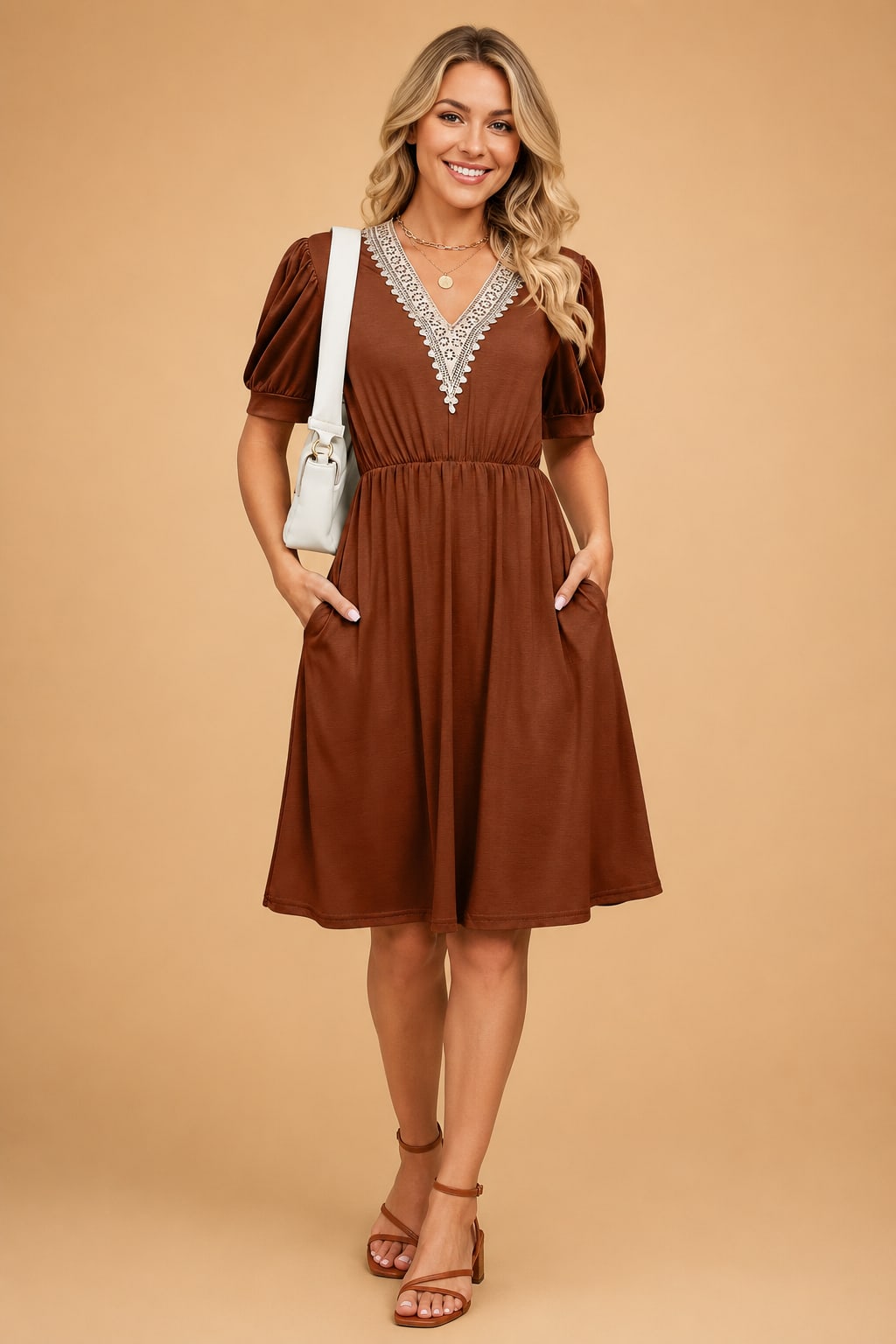 Women's V-Neck Lace Trim Pocket Dress | Amelia Rose_5