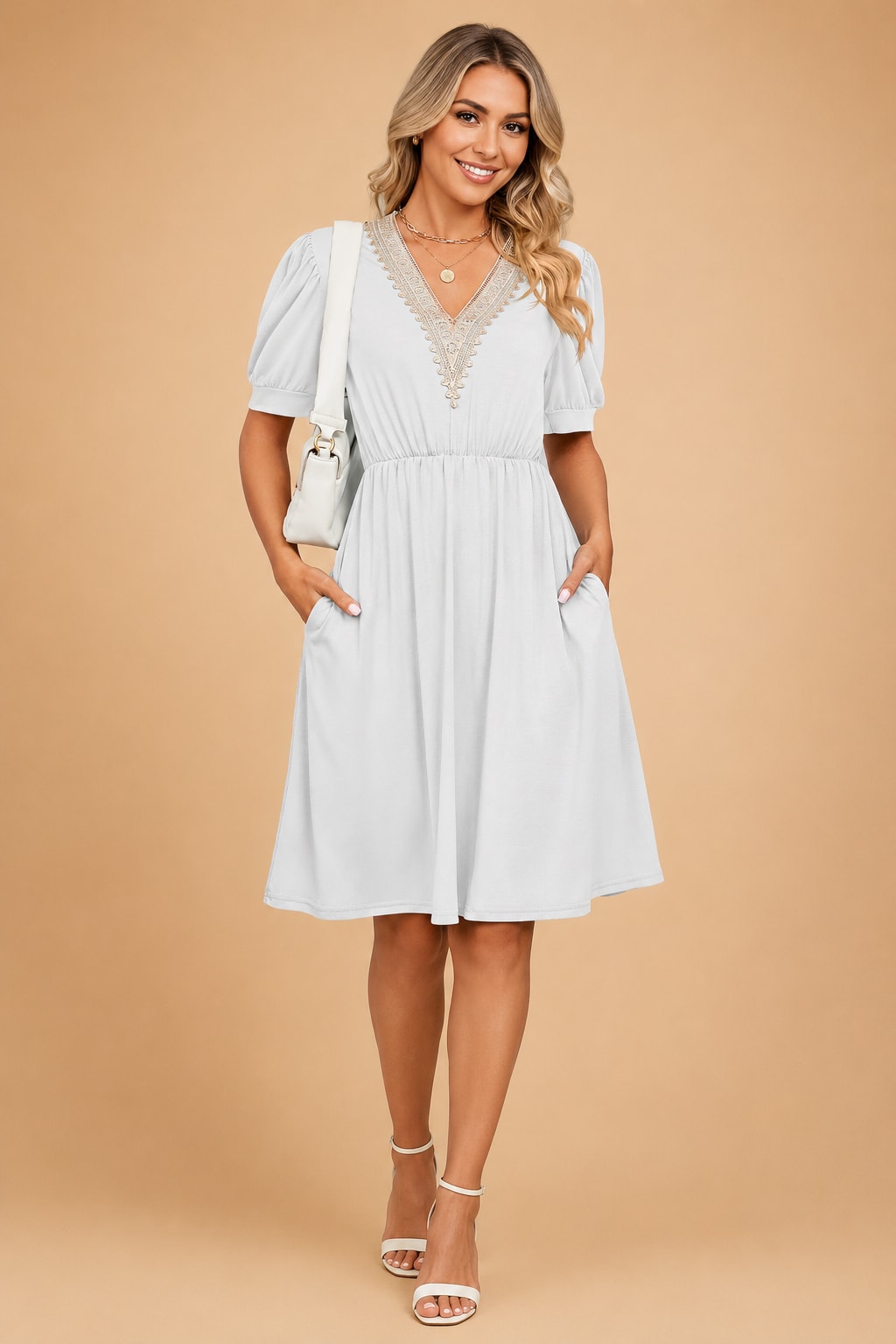 Women's V-Neck Lace Trim Pocket Dress | Amelia Rose_7