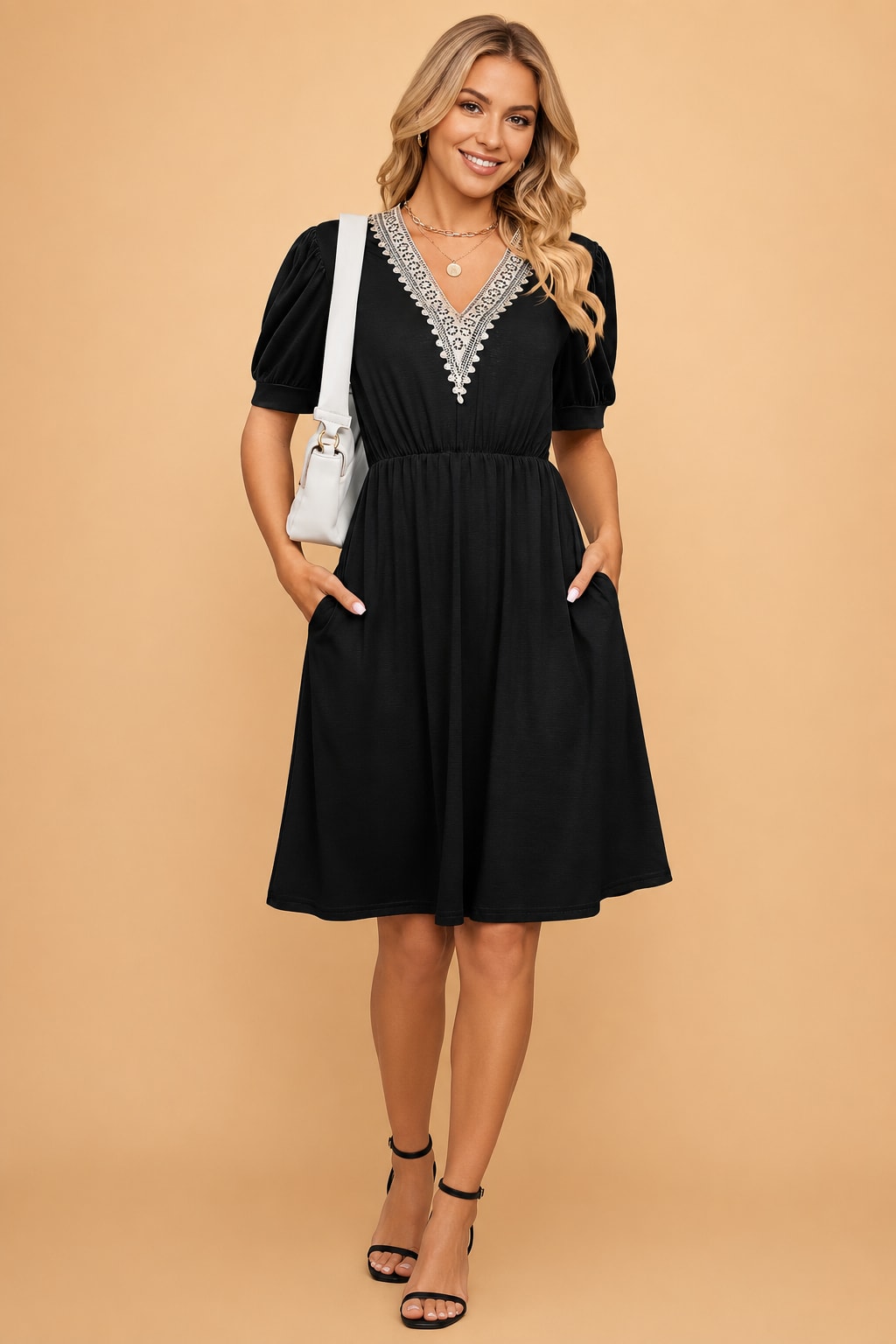 Women's V-Neck Lace Trim Pocket Dress | Amelia Rose_9