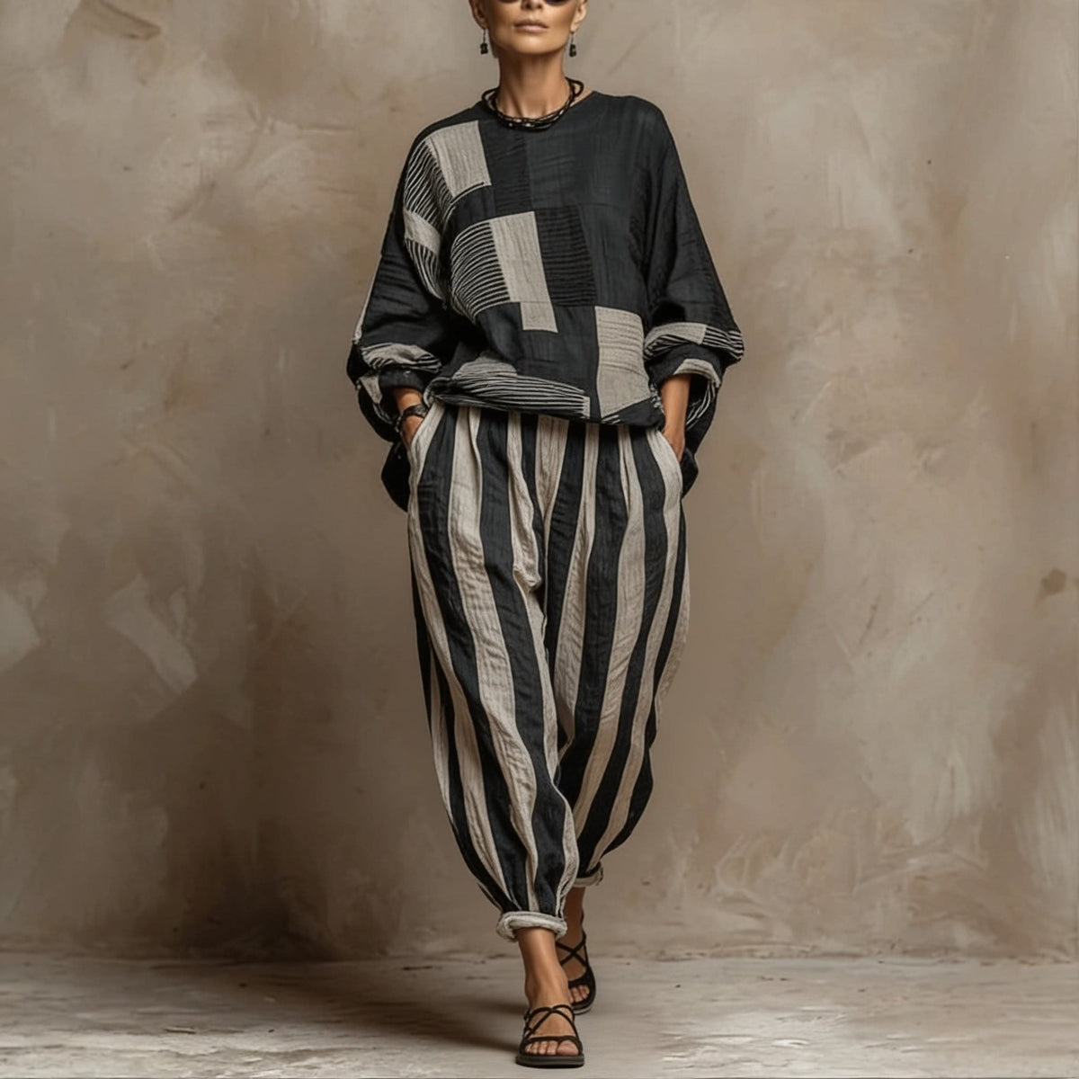 Women's Striped Color Block Loose Fit Set | Melody_10