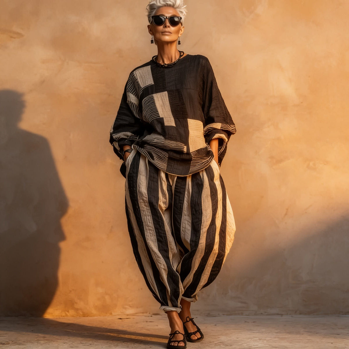 Women's Striped Color Block Loose Fit Set | Melody_2