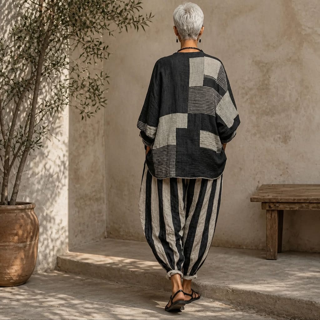 Women's Striped Color Block Loose Fit Set | Melody_5