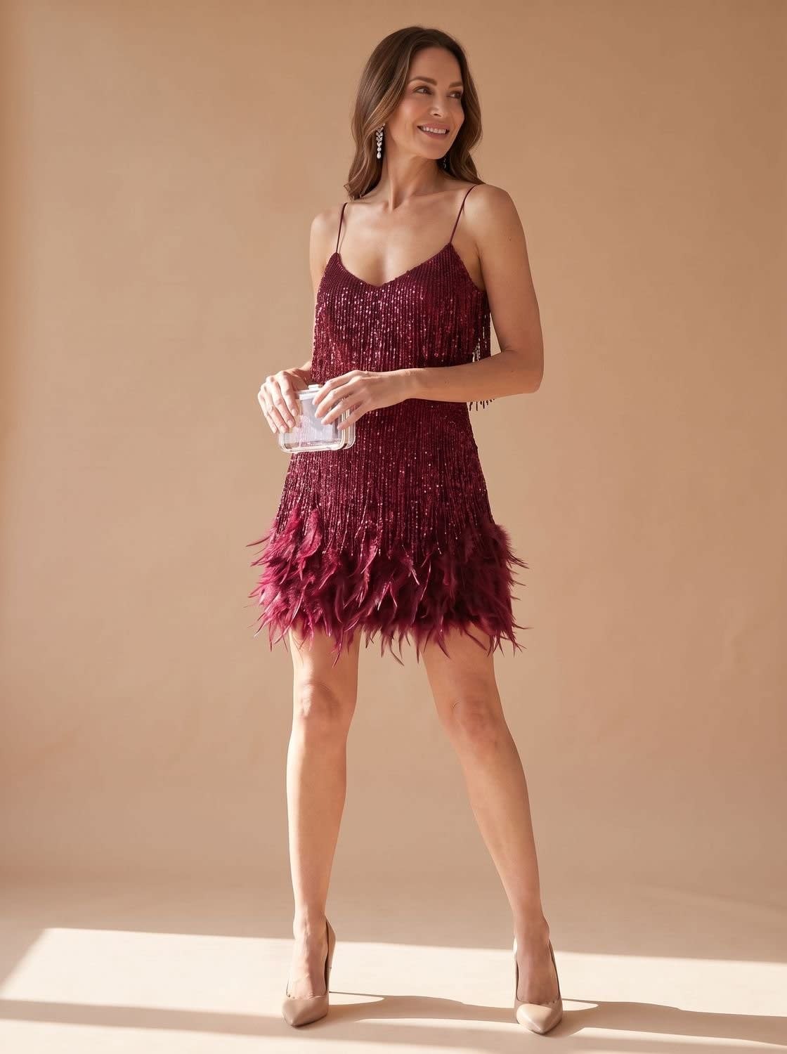 Women's Sequin Feather Fringe Party Mini Dress | Lydia_2