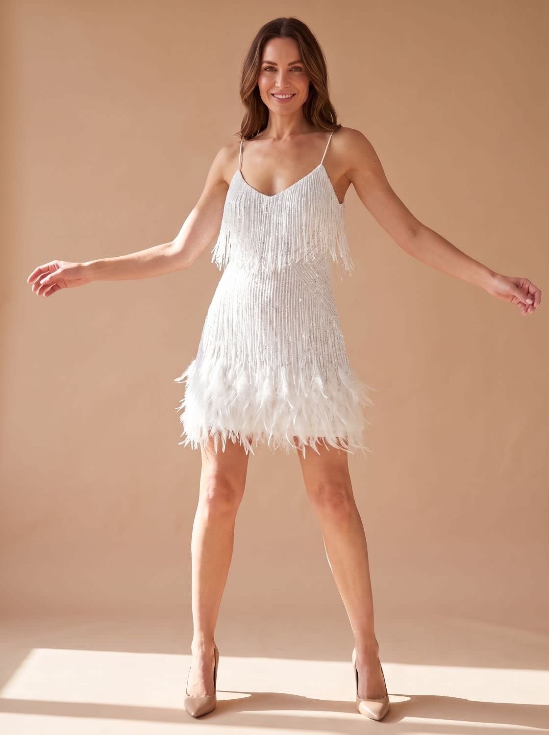 Women's Sequin Feather Fringe Party Mini Dress | Lydia_9