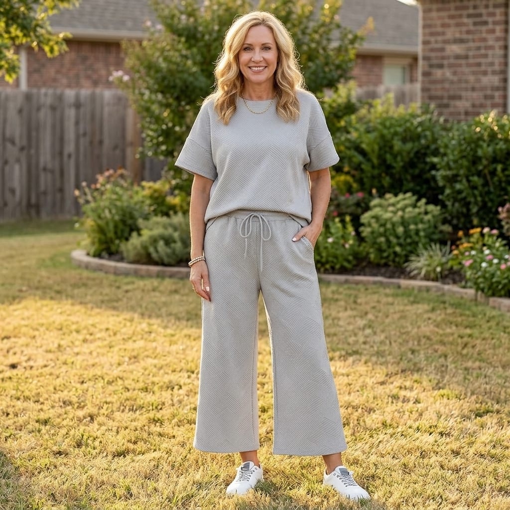 Women's Textured Knit Cropped Trouser Set | Mandy_2