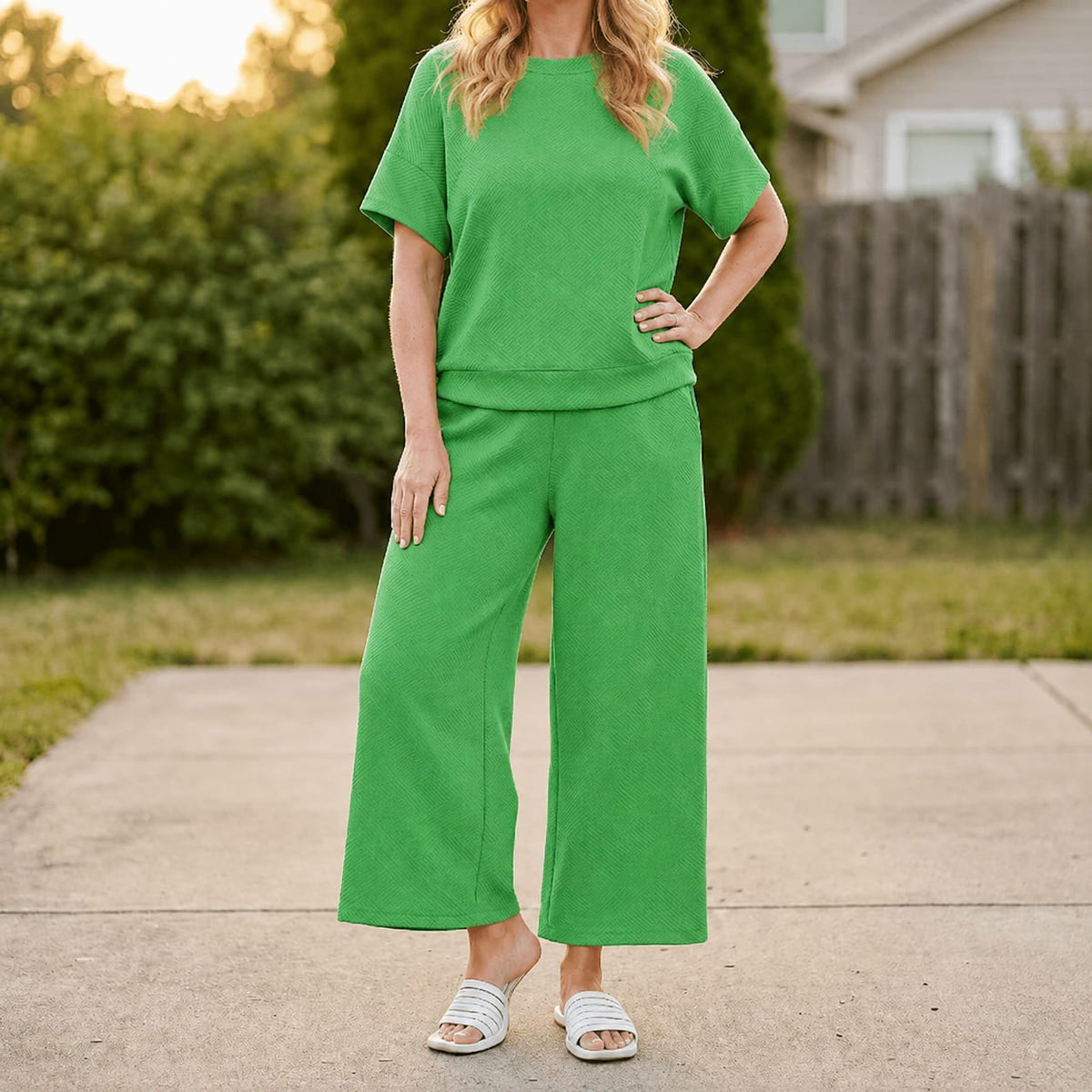 Women's Textured Knit Cropped Trouser Set | Mandy_21