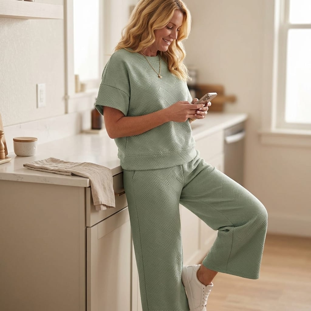 Women's Textured Knit Cropped Trouser Set | Mandy_6