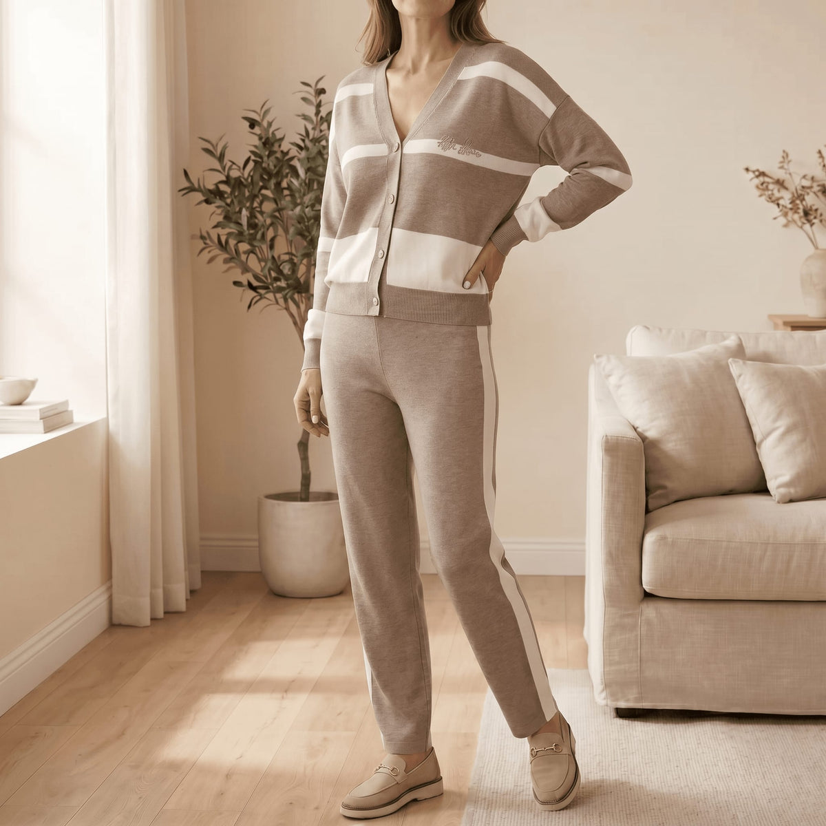 Women's Striped Knit Cardigan Trouser Set | Glynis_10