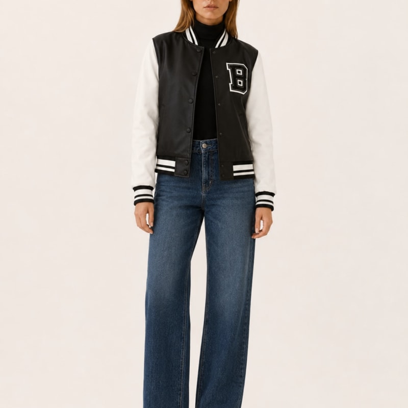 Women's Varsity Bomber Jacket with Contrast Sleeves | Ava Bennett_1