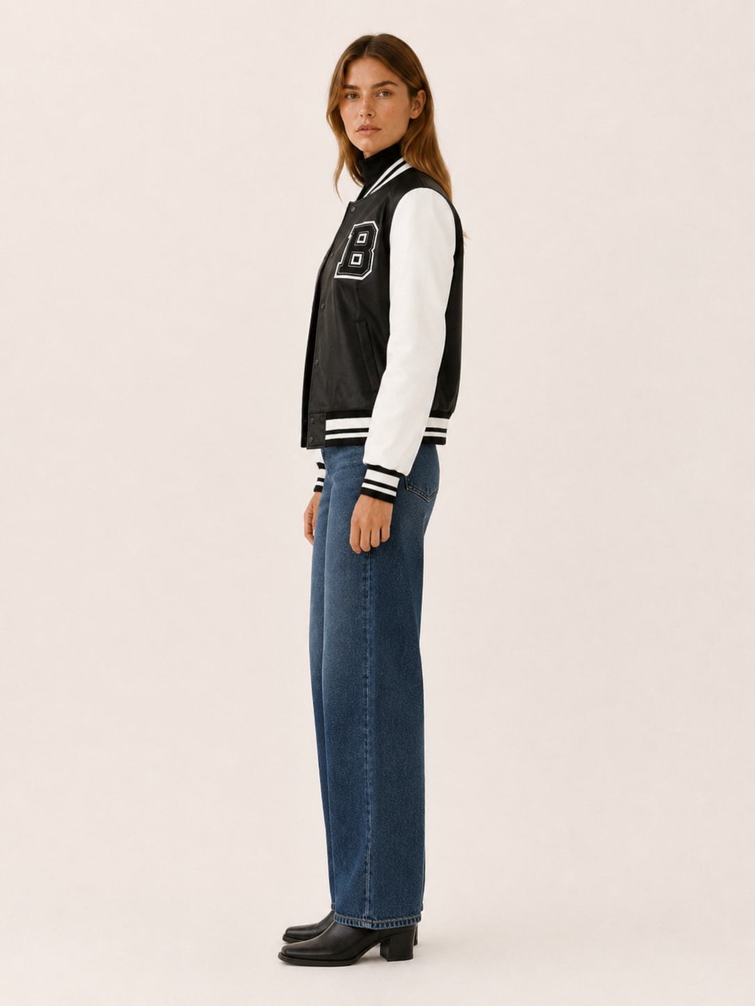 Women's Varsity Bomber Jacket with Contrast Sleeves | Ava Bennett_3