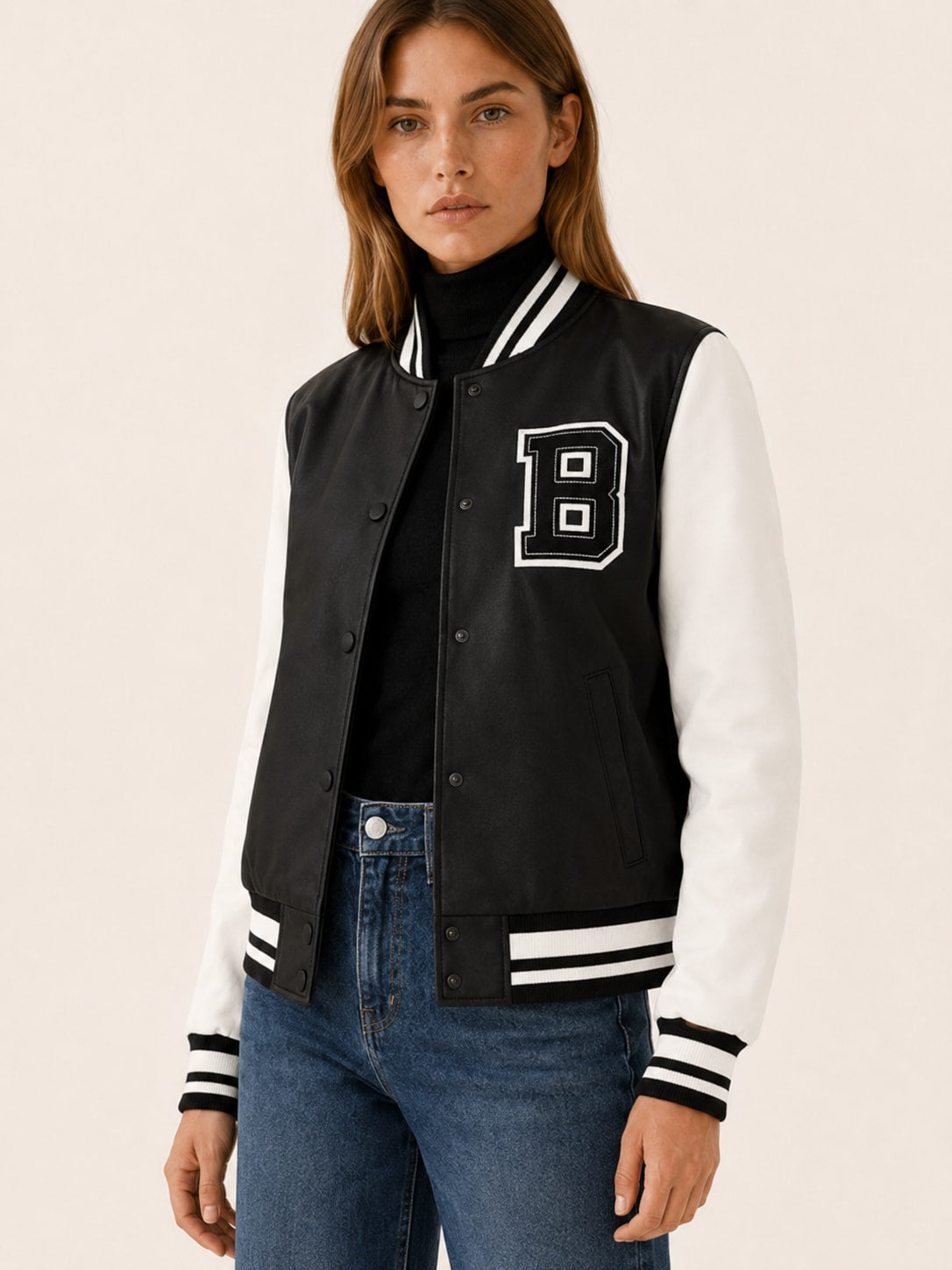 Women's Varsity Bomber Jacket with Contrast Sleeves | Ava Bennett_4