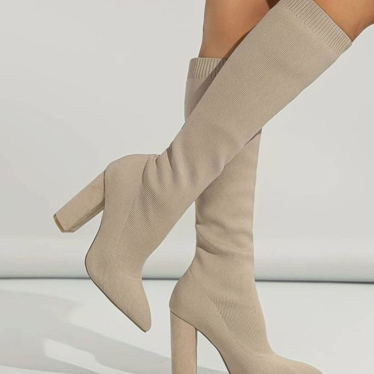 Women's Ribbed Knit Block Heel Sock Boots | Elizabeth_7