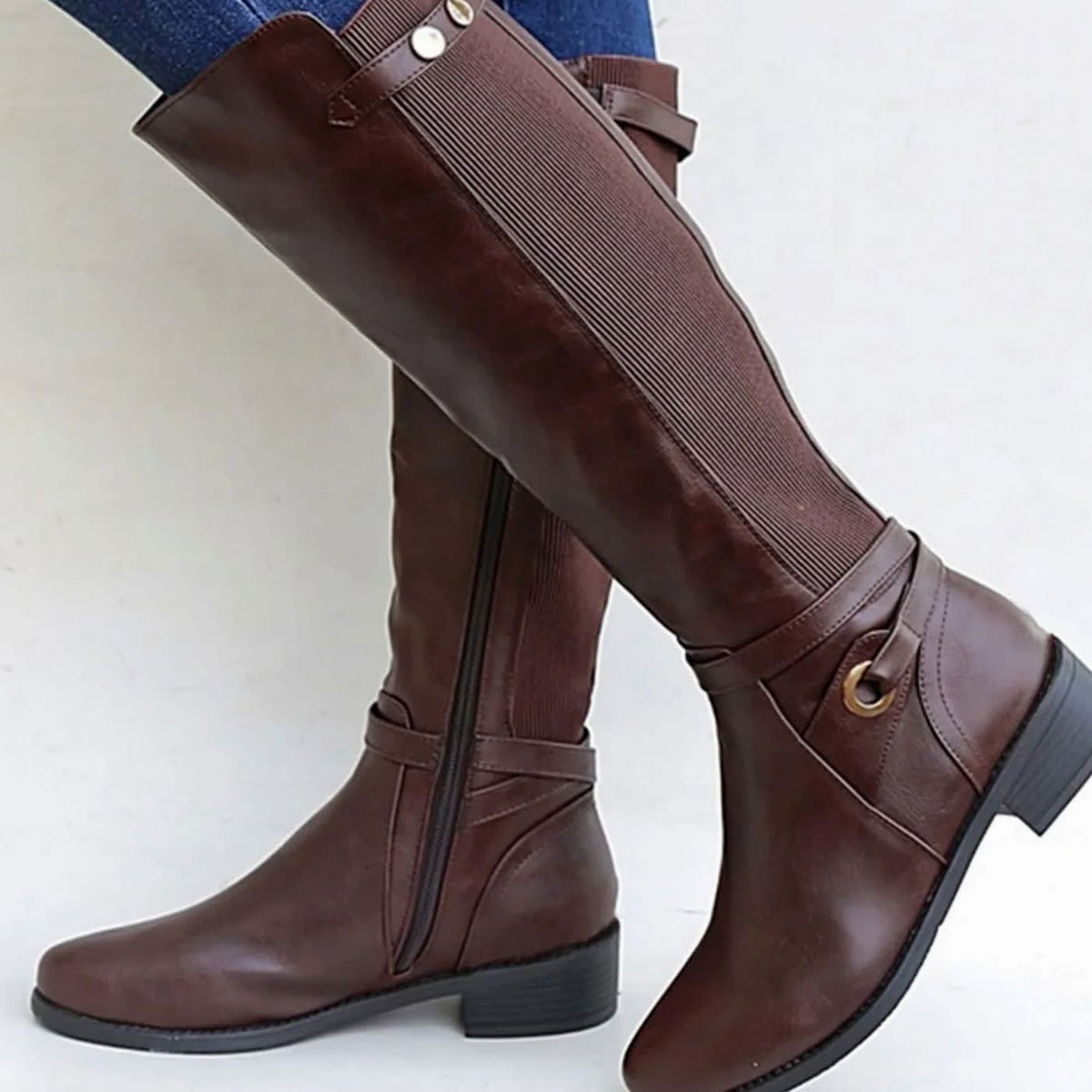Women's Faux Leather Stretch Panel Knee-High Boots | Eva_2