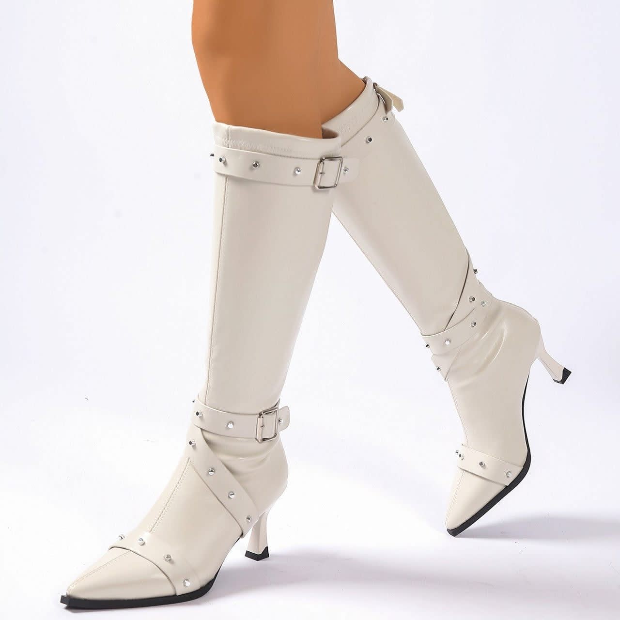 Women's Faux Leather Studded Knee High Boots | Della_12