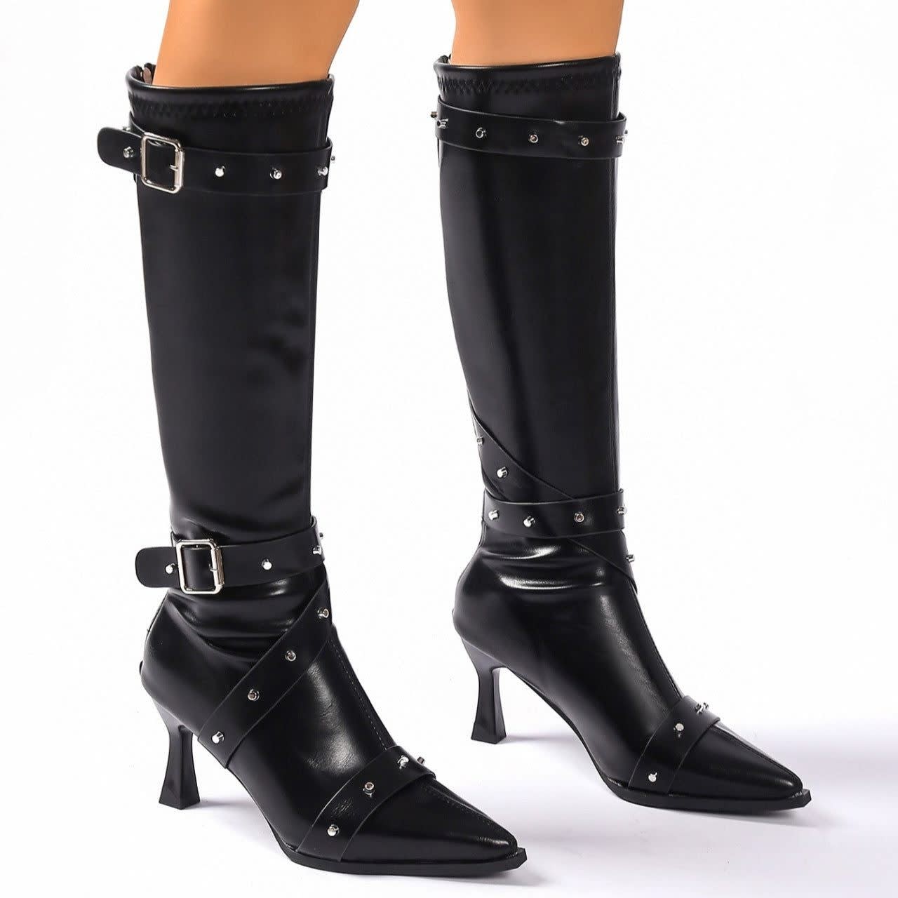 Women's Faux Leather Studded Knee High Boots | Della_16