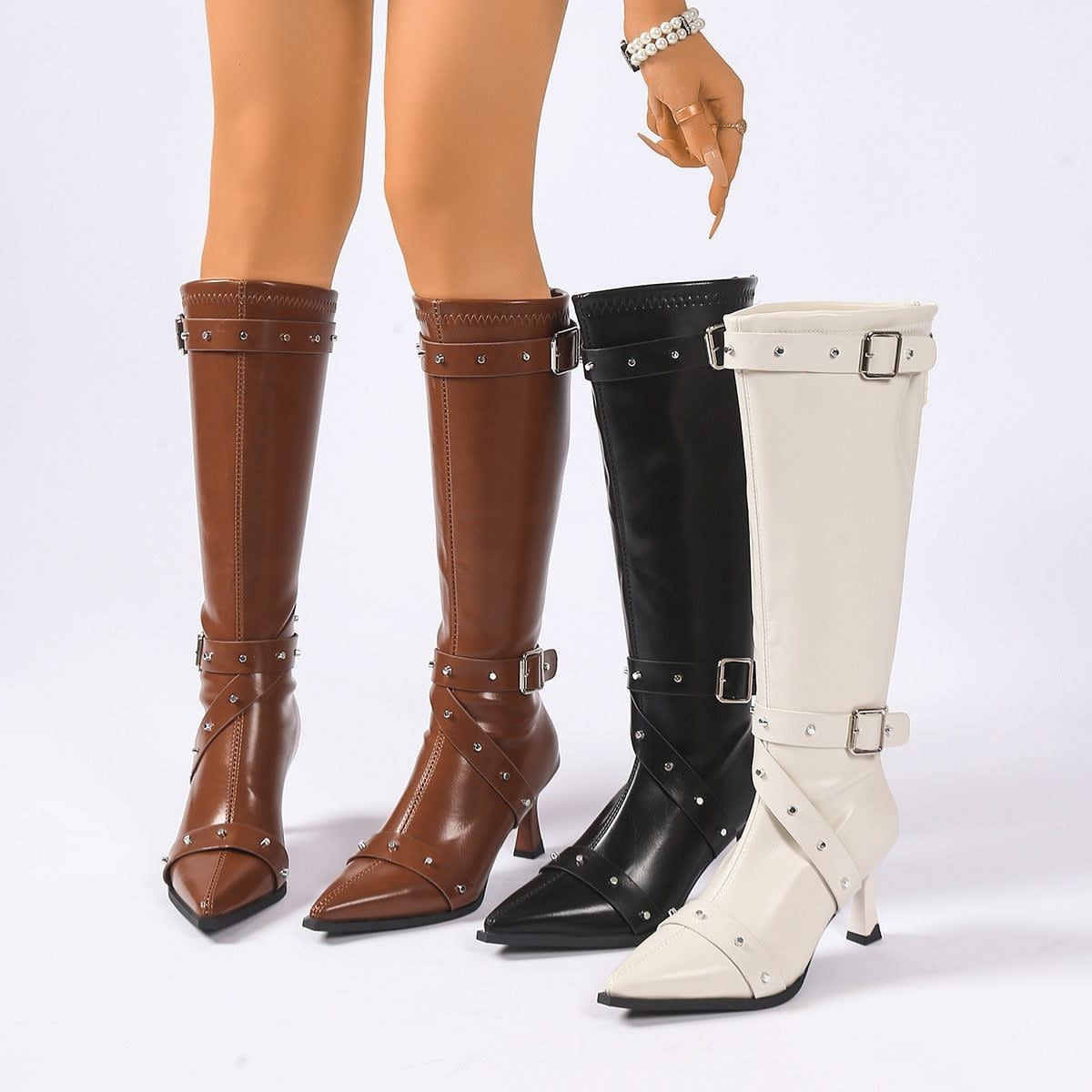Women's Faux Leather Studded Knee High Boots | Della_17