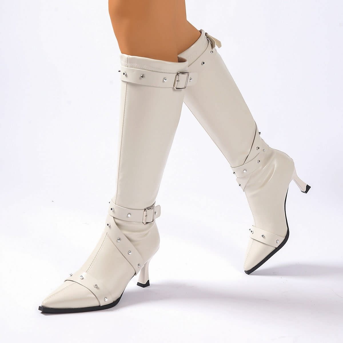 Women's Faux Leather Studded Knee High Boots | Della_2