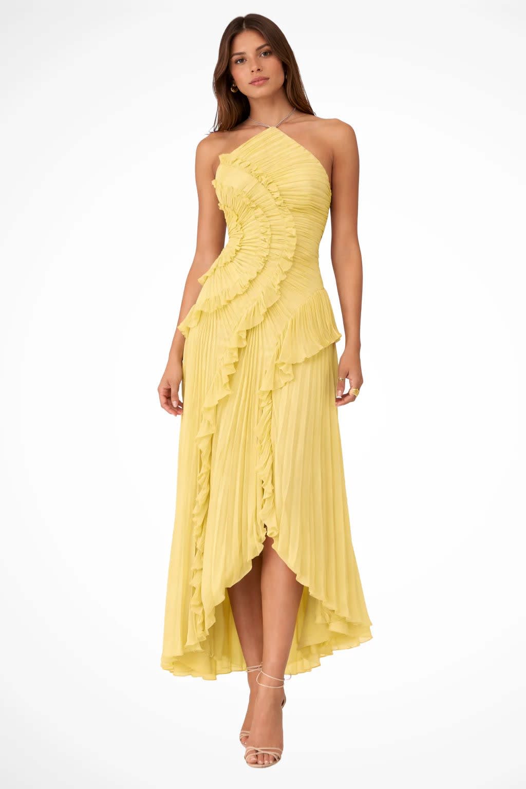 Women's Halter Neck Wedding Guest Maxi Dress with Asymmetric Hem | Leah Adams_2