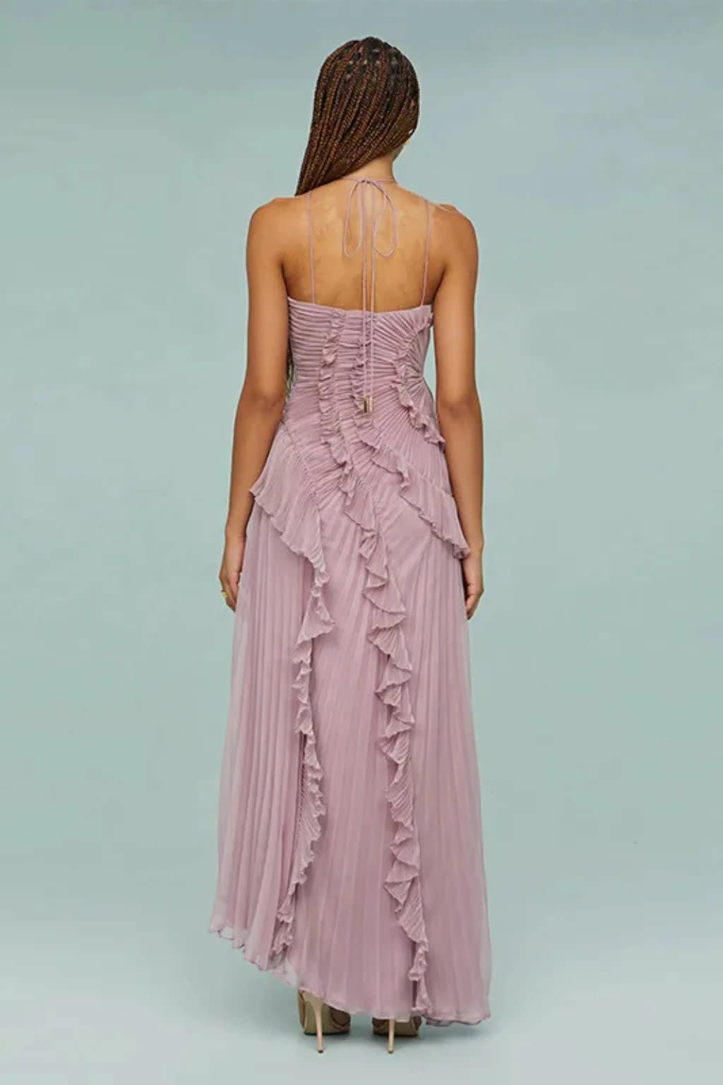 Women's Halter Neck Wedding Guest Maxi Dress with Asymmetric Hem | Leah Adams_9