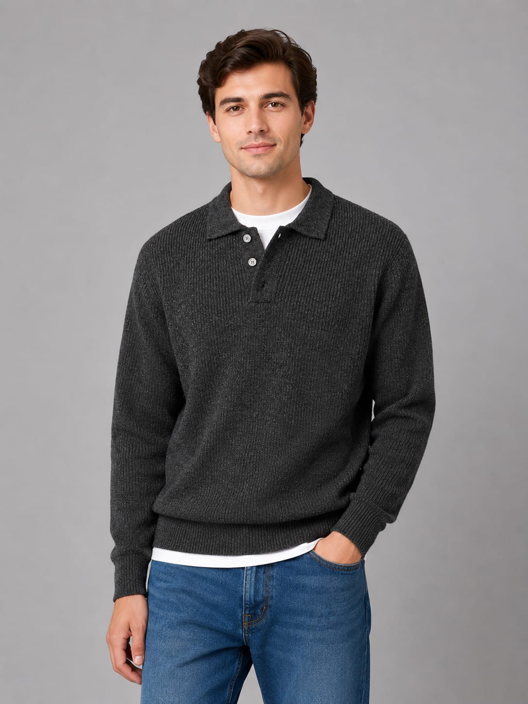 Men's Ribbed Knit Polo Jumper | Ivor_5