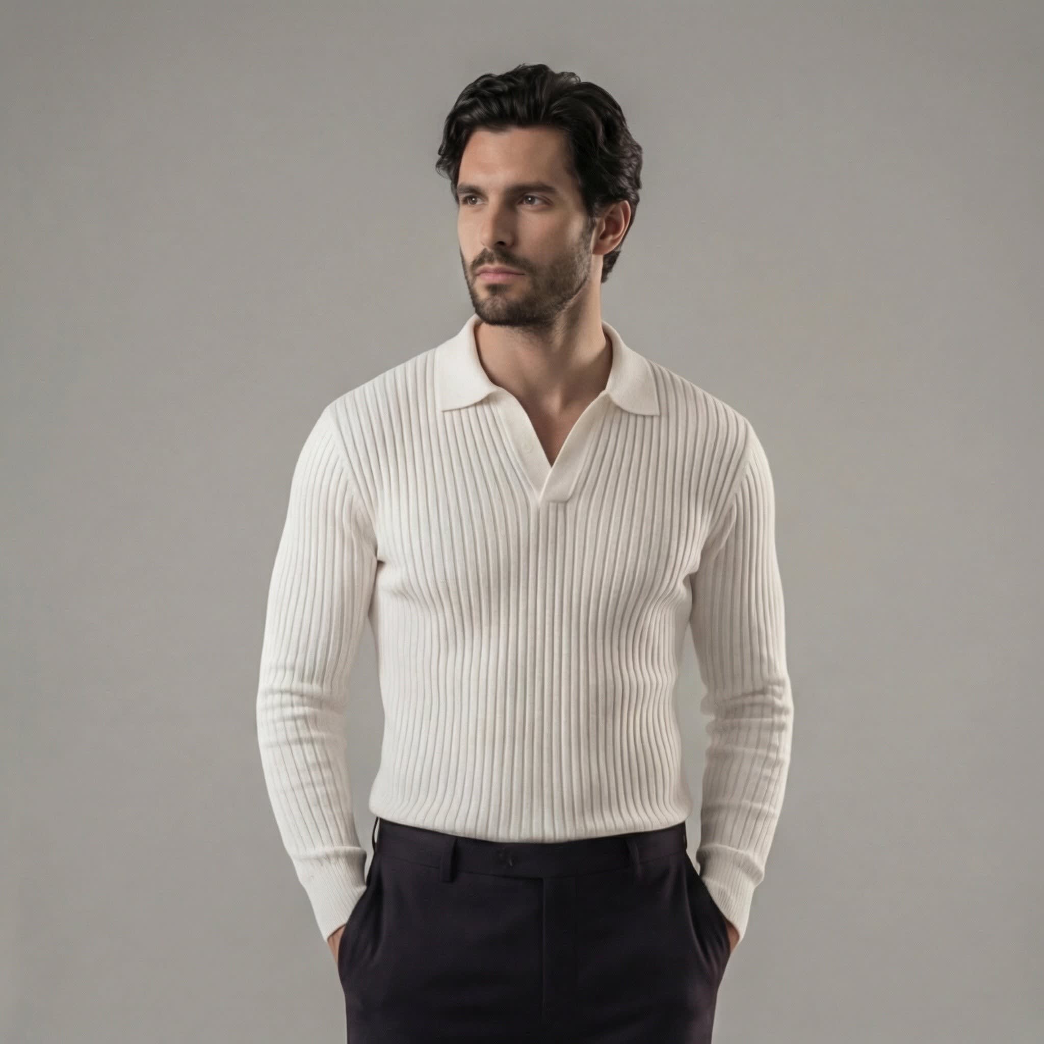 Men's Ribbed Long Sleeve Polo Shirt | Iain_3
