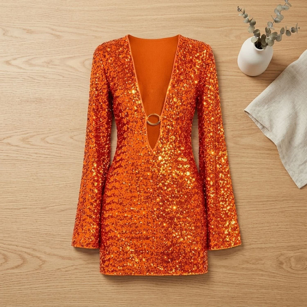 Women's Sequin Plunge Neck Party Mini Dress | Annabel_4