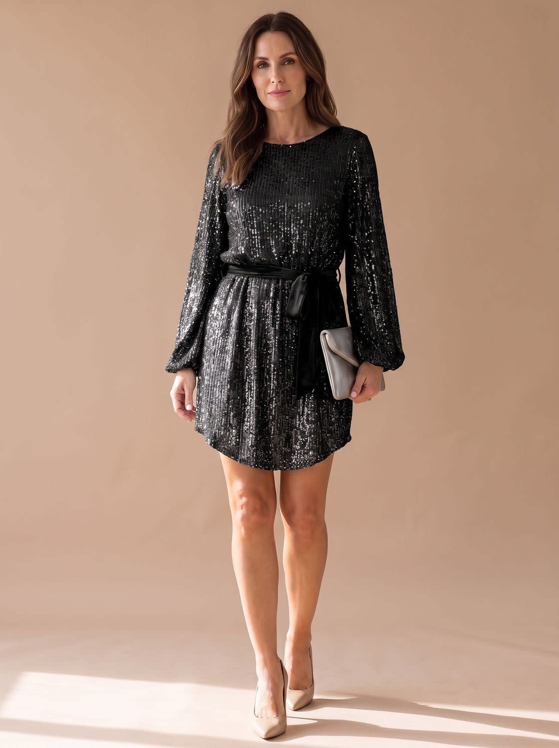 Women's Belted Sequin Christmas Party Mini Dress | Cameron_2