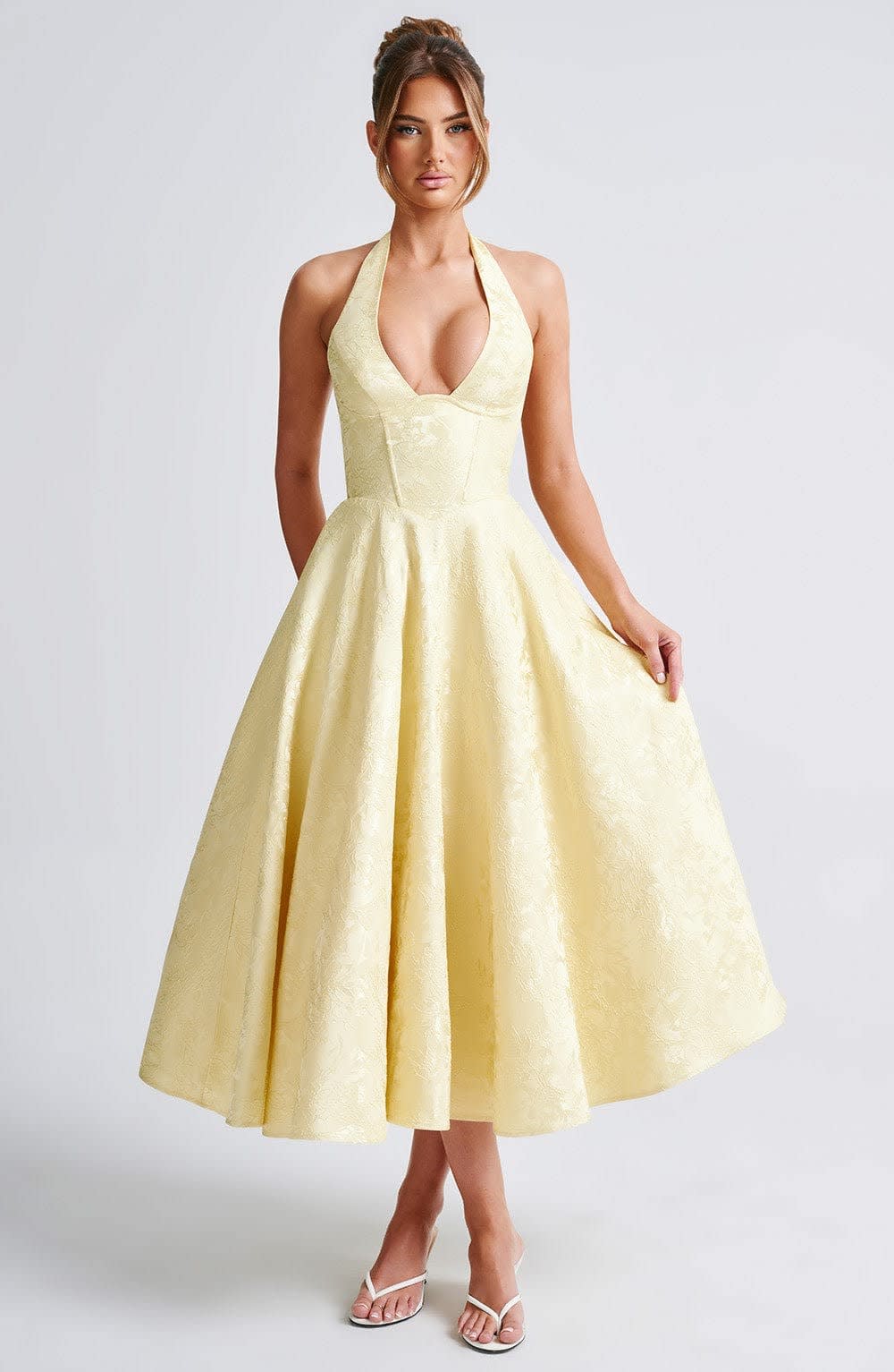 Women's Halter Neck Wedding Guest Midi Dress with Corset Back | Hailey Thompson_11